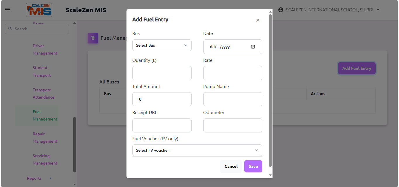 Fuel Management Screen